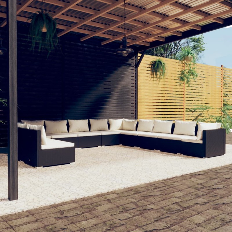 vidaXL Set muebles de jardín 11 pzas y cojines ratán sintético negro vidaXL Set muebles de jardín 11 pzas y cojines ratán sintético negro