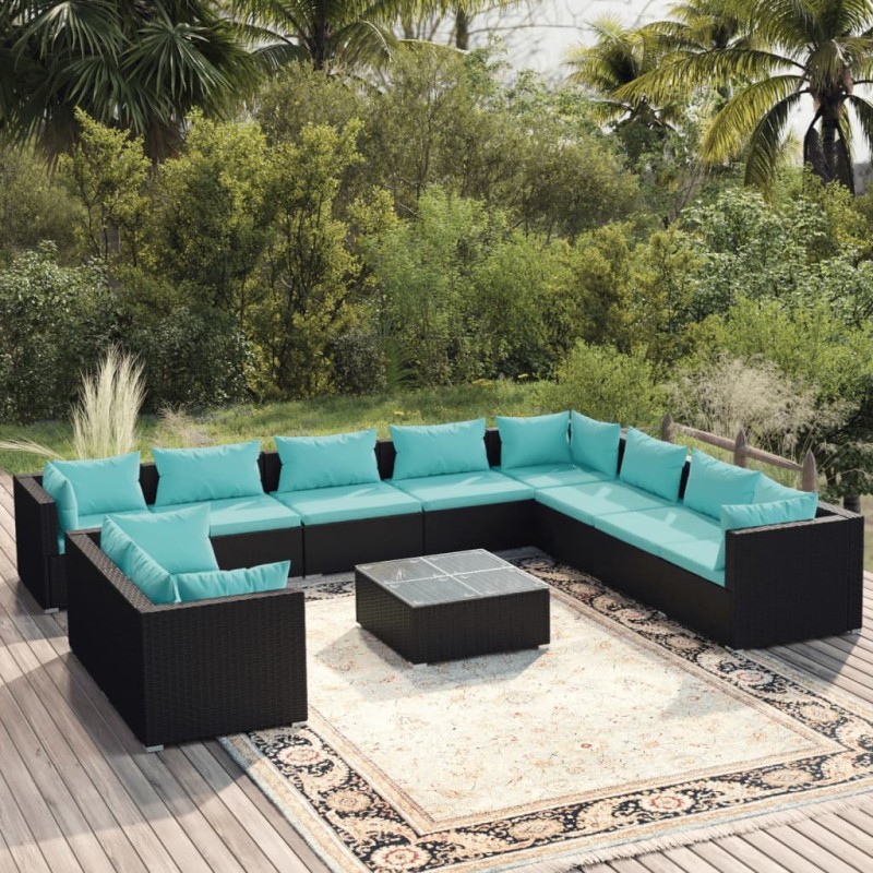 vidaXL Set muebles de jardín 11 pzas y cojines ratán sintético negro