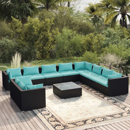 vidaXL Set muebles de jardín 11 pzas y cojines ratán sintético negro