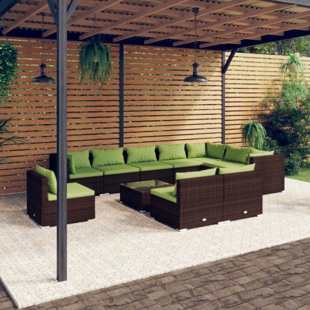 vidaXL Set muebles de jardín 11 pzas y cojines ratán sintético marrón