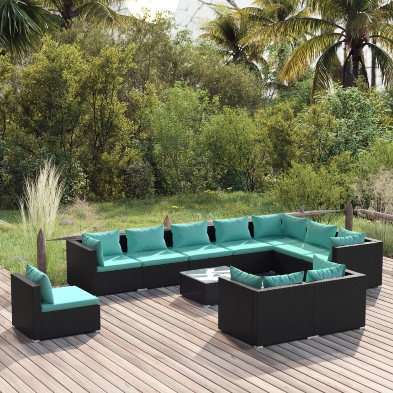 vidaXL Set de muebles de jardín 11 pzs y cojines ratán sintético negro vidaXL Set de muebles de jardín 11 pzs y cojines ratán sintético negro