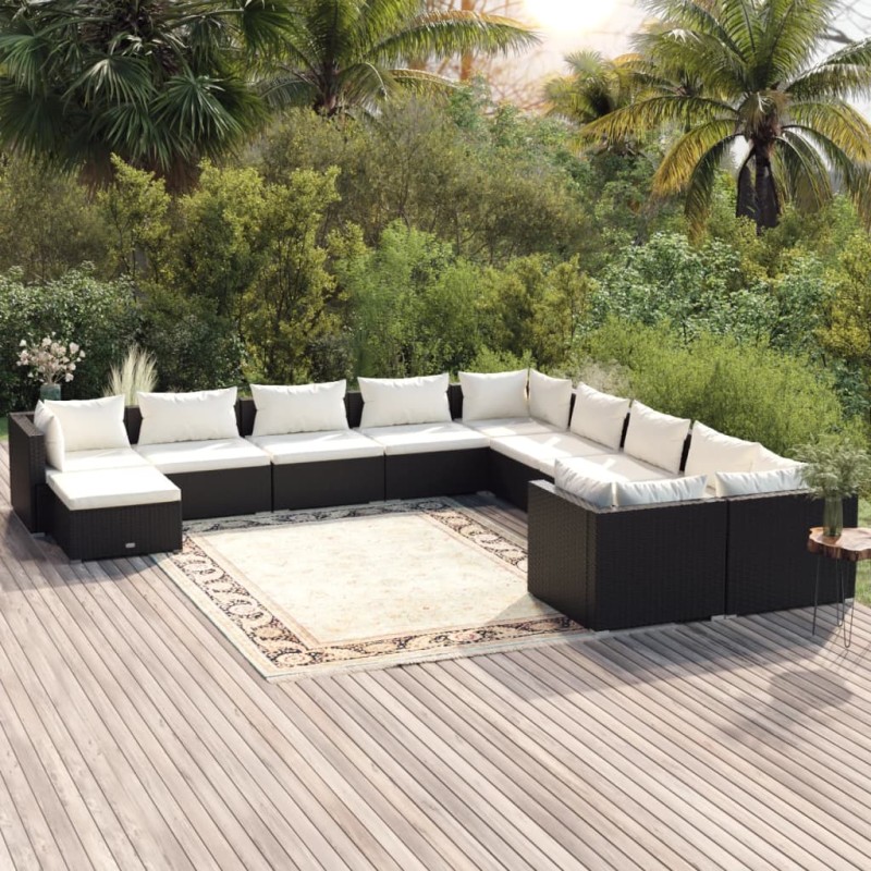 vidaXL Set de muebles de jardín 11 pzas cojines ratán sintético negro vidaXL Set de muebles de jardín 11 pzas cojines ratán sintético negro