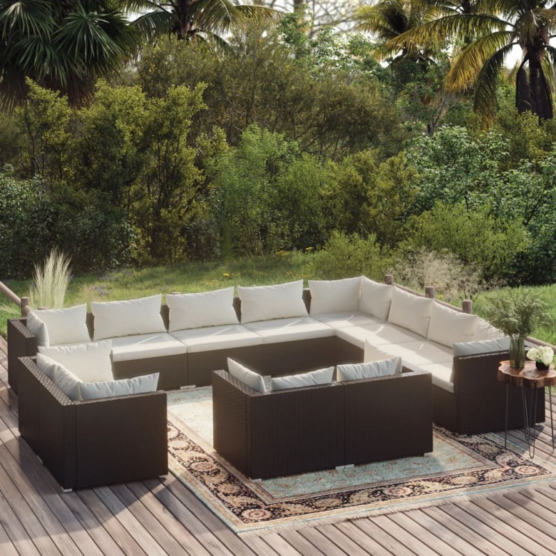vidaXL Set de muebles de jardín 12 pzas cojines ratán sintético negro