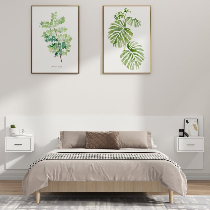 vidaXL Cabecero de cama con mesitas madera contrachapada blanco vidaXL Cabecero de cama con mesitas madera contrachapada blanco
