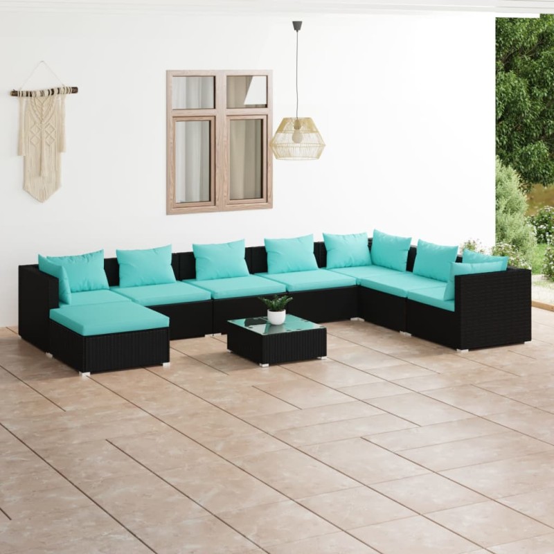 vidaXL Set de muebles de jardín 9 pzas y cojines ratán sintético negro