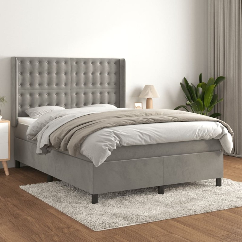 vidaXL Cama box spring con colchón terciopelo gris claro 140x200 cm vidaXL Cama box spring con colchón terciopelo gris claro 140x200 cm