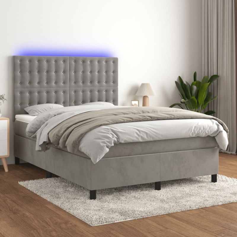 vidaXL Cama box spring colchón y LED terciopelo gris claro 140x200 cm