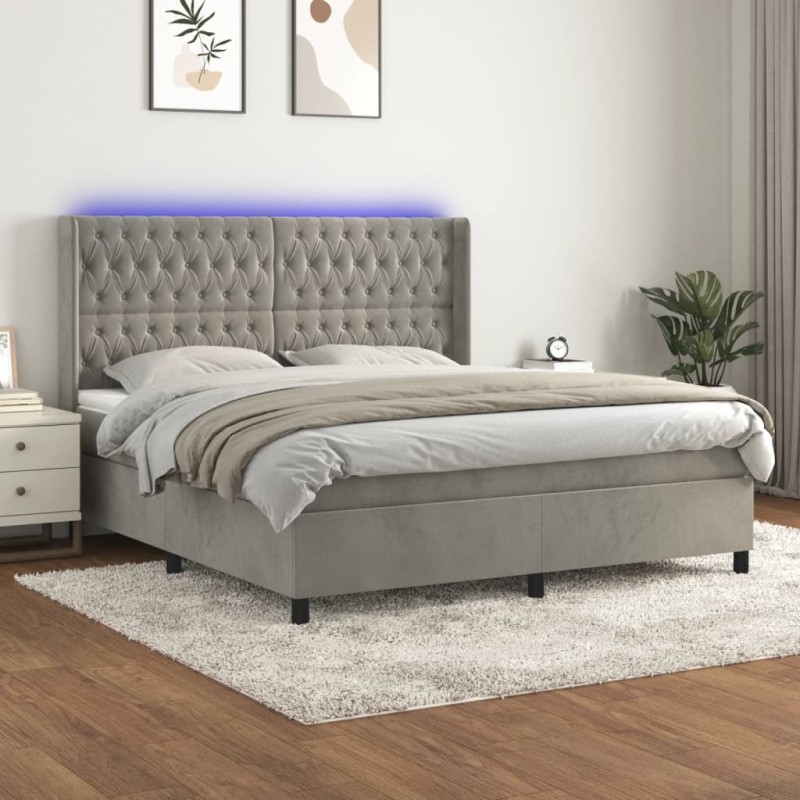 vidaXL Cama box spring colchón y LED terciopelo gris claro 160x200 cm vidaXL Cama box spring colchón y LED terciopelo gris claro 160x200 cm