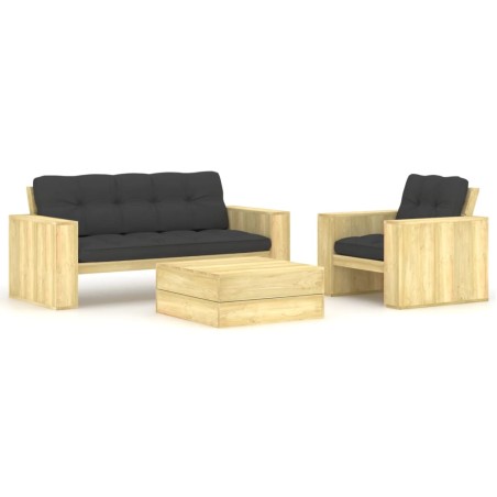 vidaXL Set muebles de jardín y cojines 3 pzas madera pino impregnada