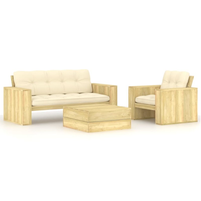 vidaXL Set muebles de jardín y cojines 3 pzas madera pino impregnada vidaXL Set muebles de jardín y cojines 3 pzas madera pino impregnada