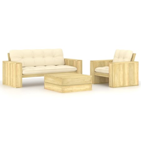 vidaXL Set muebles de jardín y cojines 3 pzas madera pino impregnada
