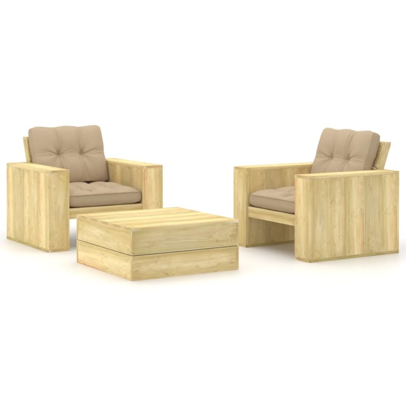 vidaXL Set muebles de jardín y cojines 3 pzas madera pino impregnada