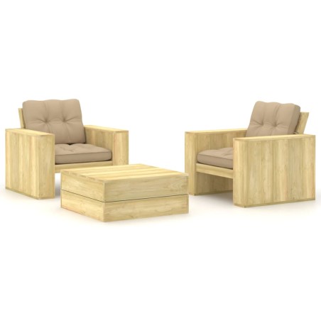 vidaXL Set muebles de jardín y cojines 3 pzas madera pino impregnada