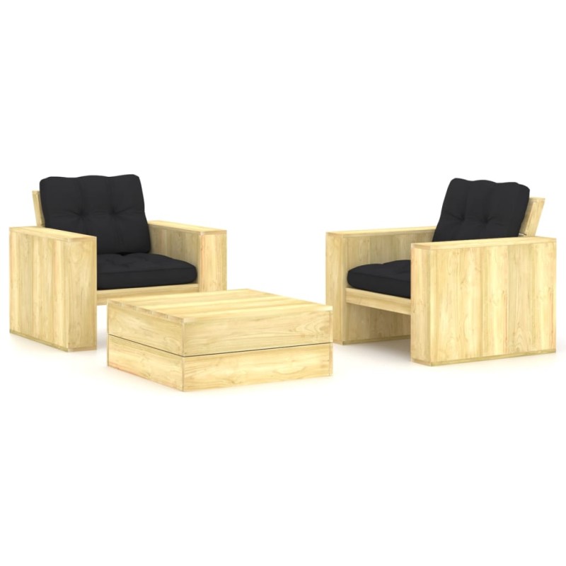 vidaXL Set muebles de jardín y cojines 3 pzas madera pino impregnada vidaXL Set muebles de jardín y cojines 3 pzas madera pino impregnada