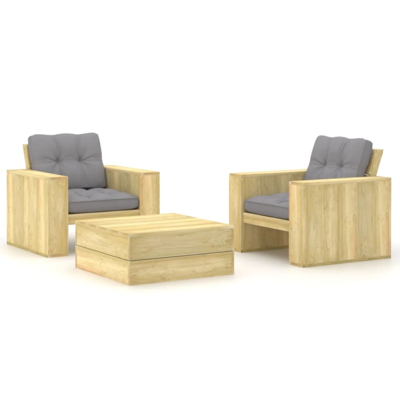 vidaXL Set muebles de jardín y cojines 3 pzas madera pino impregnada vidaXL Set muebles de jardín y cojines 3 pzas madera pino impregnada