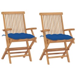vidaXL Sillas de jardín 2 uds madera maciza de teca con cojines azules