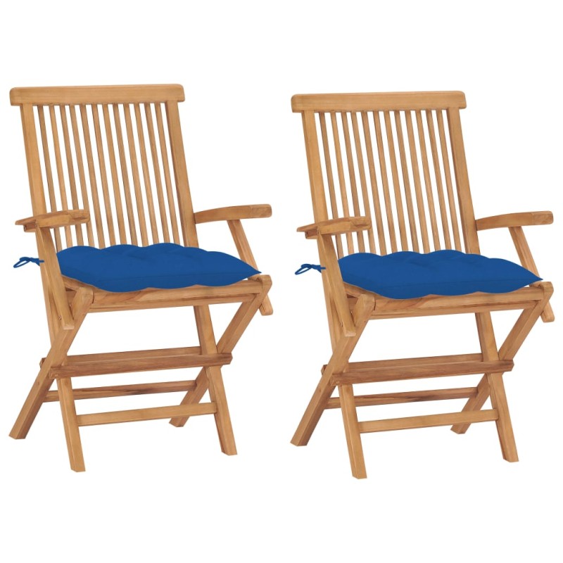 vidaXL Sillas de jardín 2 uds madera maciza de teca con cojines azules