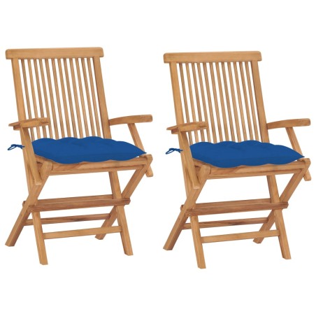 vidaXL Sillas de jardín 2 uds madera maciza de teca con cojines azules