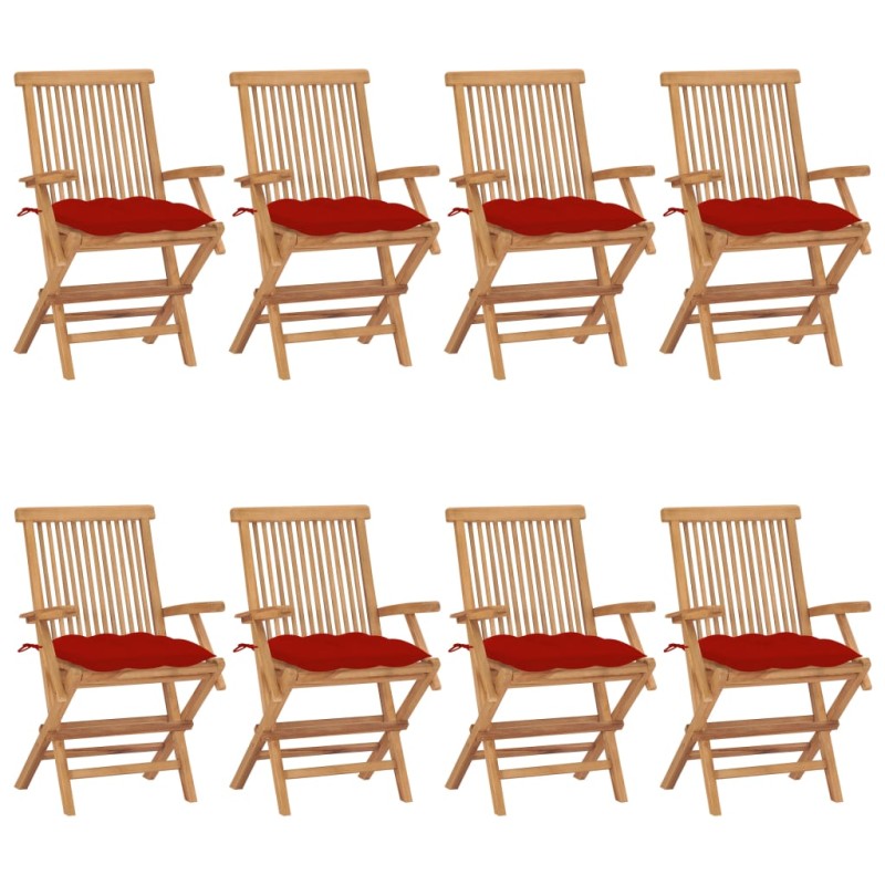 vidaXL Sillas de jardín 8 uds madera maciza de teca con cojines rojos vidaXL Sillas de jardín 8 uds madera maciza de teca con cojines rojos