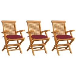 vidaXL Sillas de jardín 3 uds madera teca con cojines rojo tinto