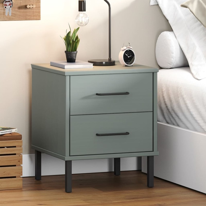 vidaXL Mesita de noche patas de metal madera maciza pino gris OSLO vidaXL Mesita de noche patas de metal madera maciza pino gris OSLO