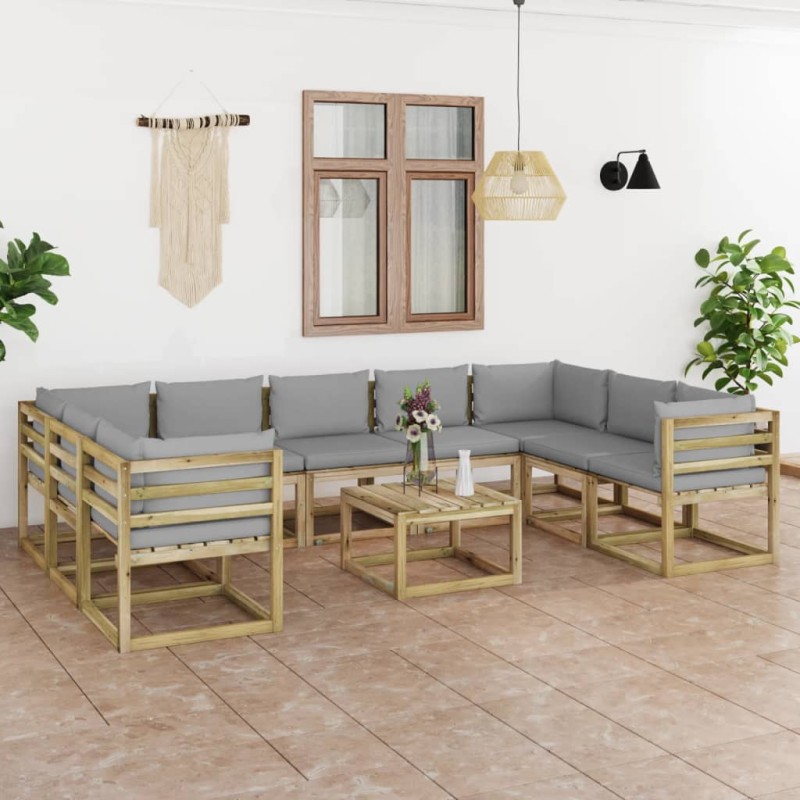 vidaXL Set de muebles de jardín 10 pzas con cojines madera impregnada vidaXL Set de muebles de jardín 10 pzas con cojines madera impregnada