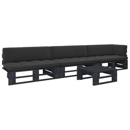 vidaXL Muebles de palets 4 pzas y cojines madera pino impregnada negro