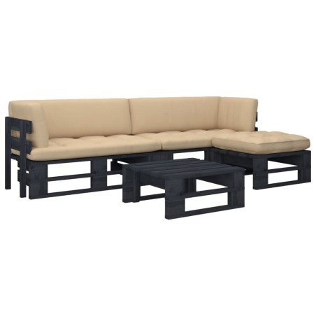 vidaXL Muebles de palets 4 pzas y cojines madera pino impregnada negro