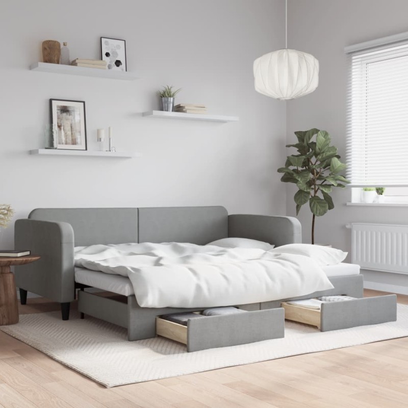vidaXL Sofá cama nido con cajones tela gris claro 90x200 cm vidaXL Sofá cama nido con cajones tela gris claro 90x200 cm