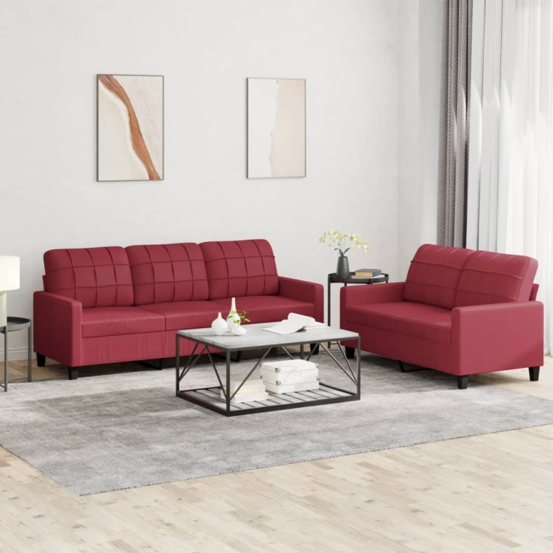 vidaXL Juego de sofás con cojines 2 piezas cuero sintético rojo tinto vidaXL Juego de sofás con cojines 2 piezas cuero sintético rojo tinto