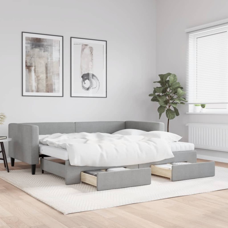 vidaXL Sofá cama nido con cajones tela gris claro 90x200 cm vidaXL Sofá cama nido con cajones tela gris claro 90x200 cm
