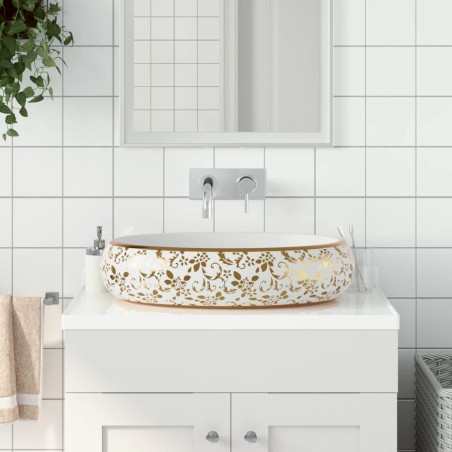 vidaXL Lavabo sobre encimera ovalado cerámica blanco dorado 59x40x15cm