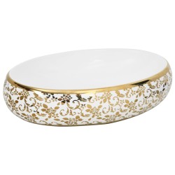 vidaXL Lavabo sobre encimera ovalado cerámica blanco dorado 59x40x15cm