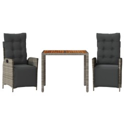vidaXL Set comedor de jardín 3 piezas con cojines ratán sintético gris