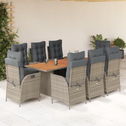 vidaXL Set comedor jardín 9 pzas y cojines ratán sintético gris