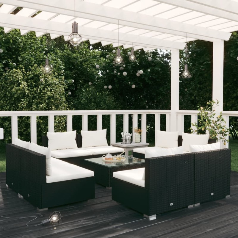 vidaXL Set de muebles de jardín 9 pzas y cojines ratán sintético negro vidaXL Set de muebles de jardín 9 pzas y cojines ratán sintético negro