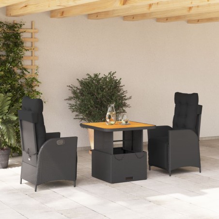vidaXL Set comedor de jardín 3 pzas con cojines ratán sintético negro