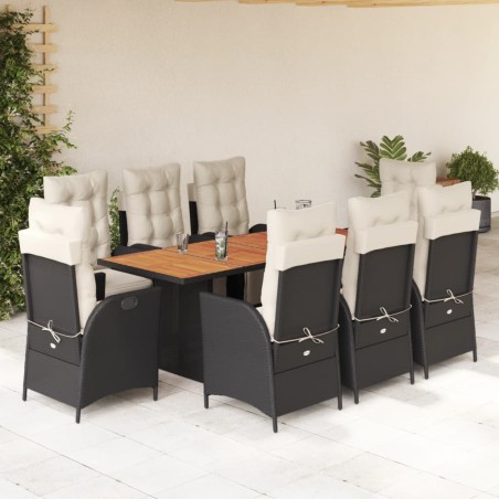 vidaXL Set de comedor de jardín 9 pzas y cojines ratán sintético negro