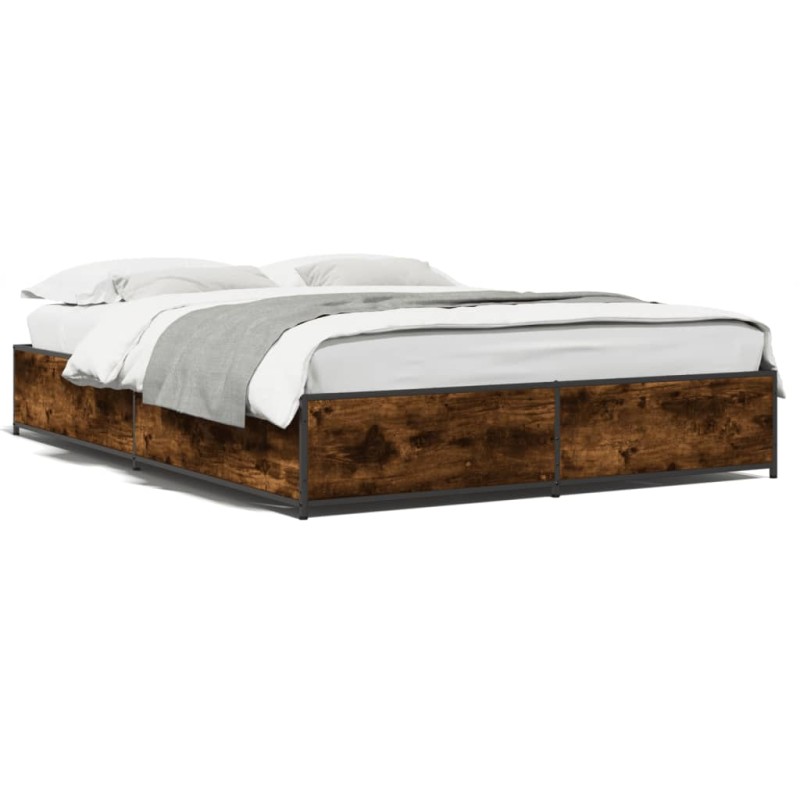 vidaXL Estructura cama madera ingeniería metal roble ahumado 120x200cm vidaXL Estructura cama madera ingeniería metal roble ahumado 120x200cm