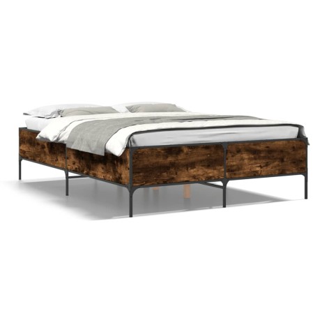 vidaXL Estructura cama madera ingeniería metal roble ahumado 135x190cm