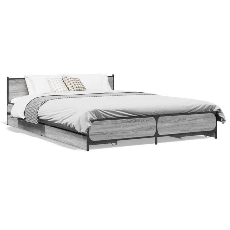 vidaXL Cama con cajones madera ingeniería gris Sonoma 150x200 cm vidaXL Cama con cajones madera ingeniería gris Sonoma 150x200 cm