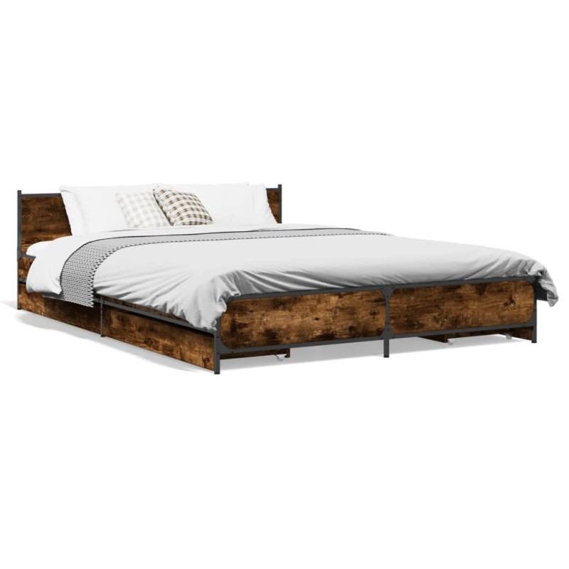 vidaXL Cama con cajones madera de ingeniería roble ahumado 160x200 cm vidaXL Cama con cajones madera de ingeniería roble ahumado 160x200 cm
