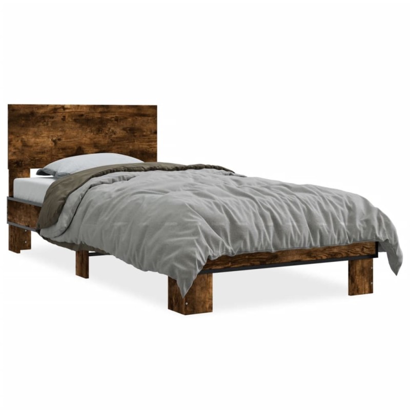 vidaXL Estructura cama madera ingeniería metal roble humo 75x190 cm vidaXL Estructura cama madera ingeniería metal roble humo 75x190 cm