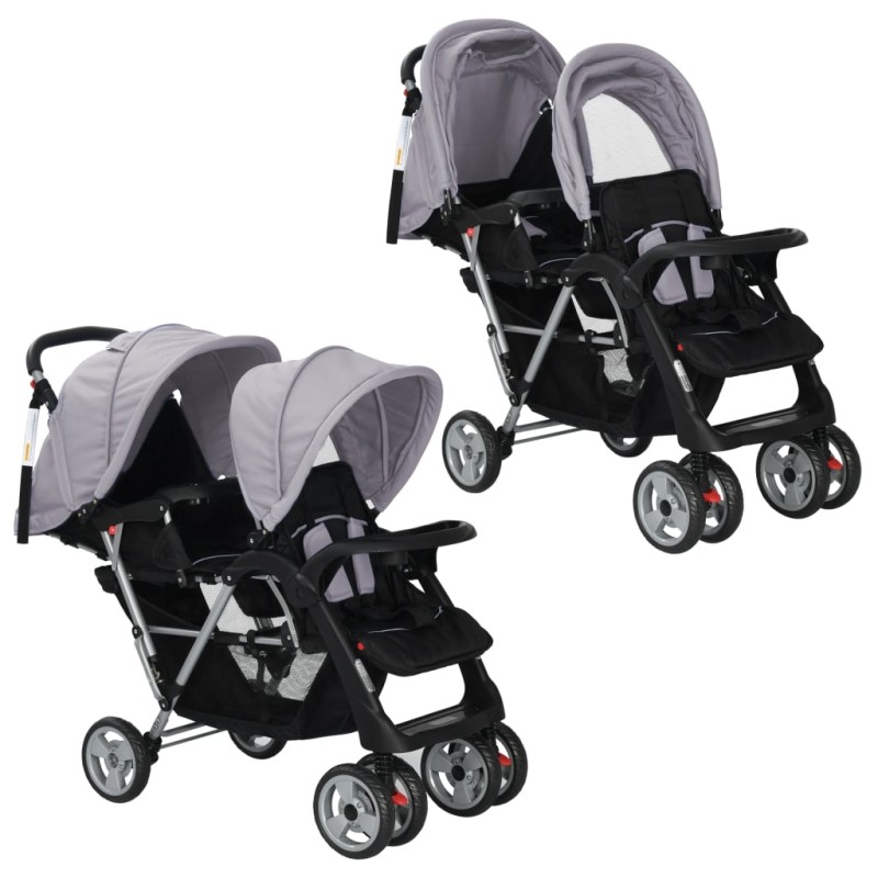 vidaXL Carrito para 2 niños tandem de acero gris y negro vidaXL Carrito para 2 niños tandem de acero gris y negro