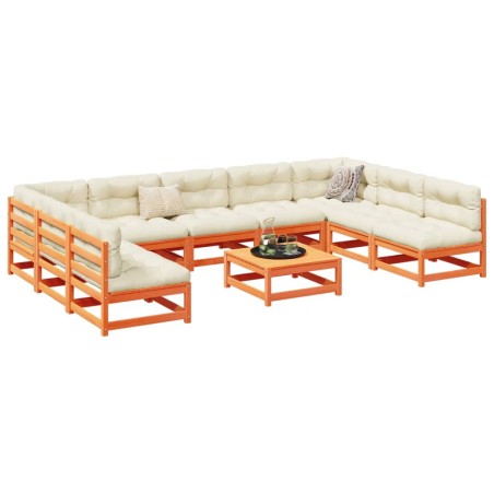 vidaXL Juego sofás jardín 10 pzas con conjines madera pino marrón cera
