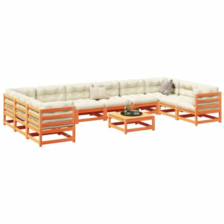 vidaXL Juego de sofás de jardín 11 pzas madera maciza pino marrón cera