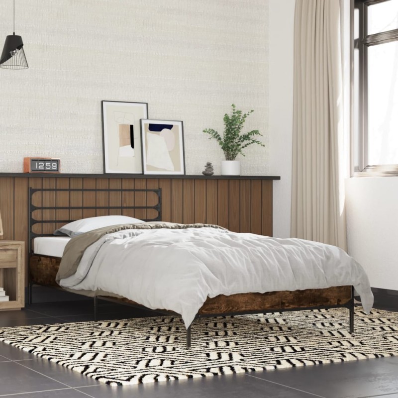 vidaXL Estructura cama madera ingeniería metal roble ahumado 90x190 cm vidaXL Estructura cama madera ingeniería metal roble ahumado 90x190 cm