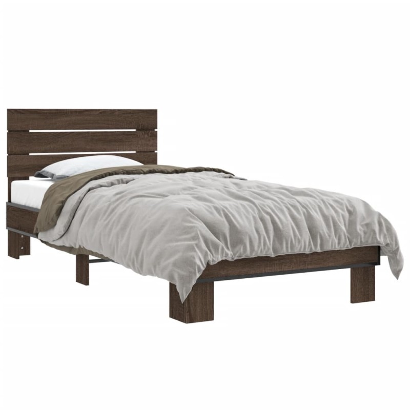 vidaXL Estructura cama madera ingeniería metal roble marrón 90x200 cm vidaXL Estructura cama madera ingeniería metal roble marrón 90x200 cm