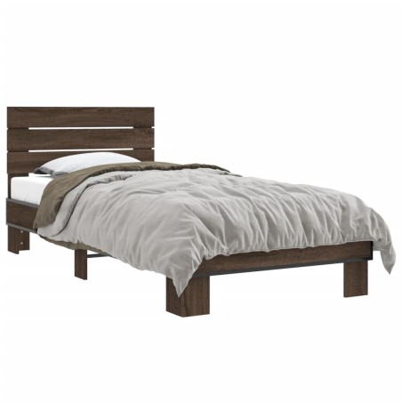 vidaXL Estructura cama madera ingeniería metal roble marrón 90x200 cm