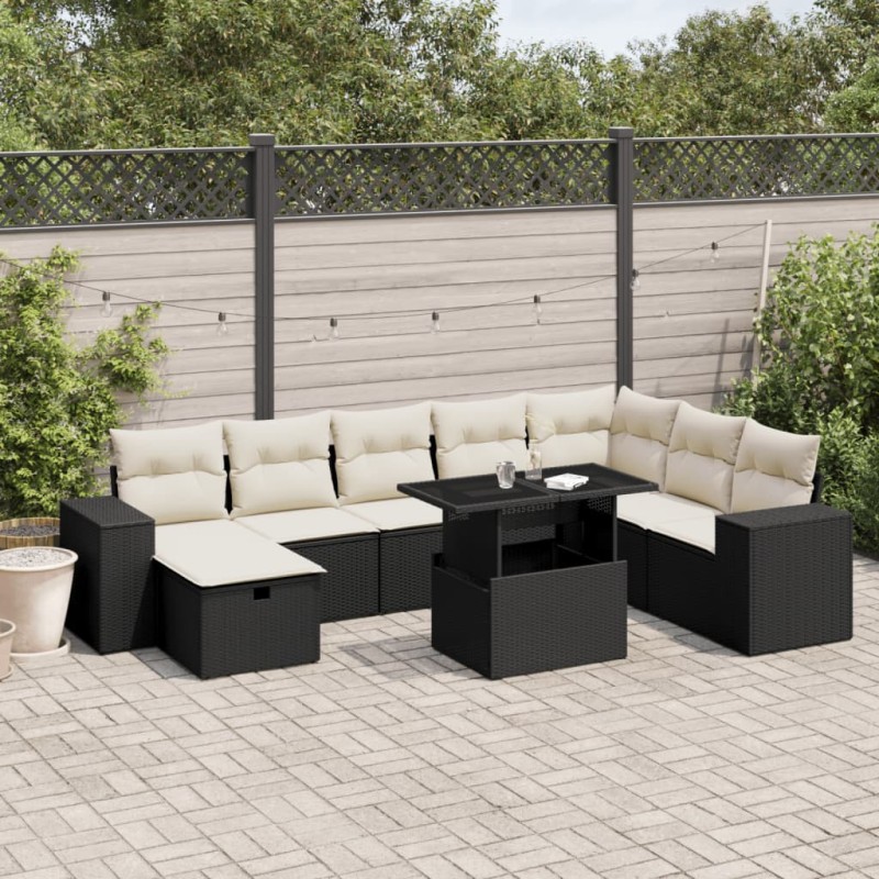 vidaXL Set de sofás de jardín 8 piezas y cojines ratán sintético negro vidaXL Set de sofás de jardín 8 piezas y cojines ratán sintético negro